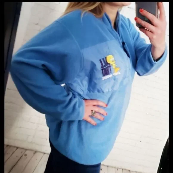 Vintage 90s Y2K Kidcore Looney Tunes Blue Tweety Bird Pullover Fleece - Picture 8 of 14